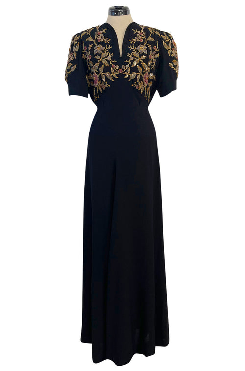 Stunning 1930s Unlabeled Moss Silk Crepe Dress w Dense Beading Sequin & Gold Thread Embroidery