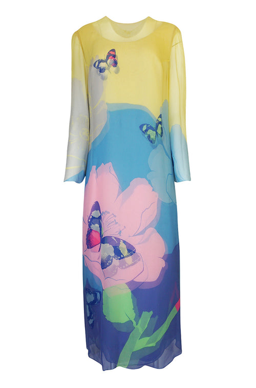 Incredible Spring 2000 Hanae Mori Silk Chiffon Pastel Butterfly Print Dress