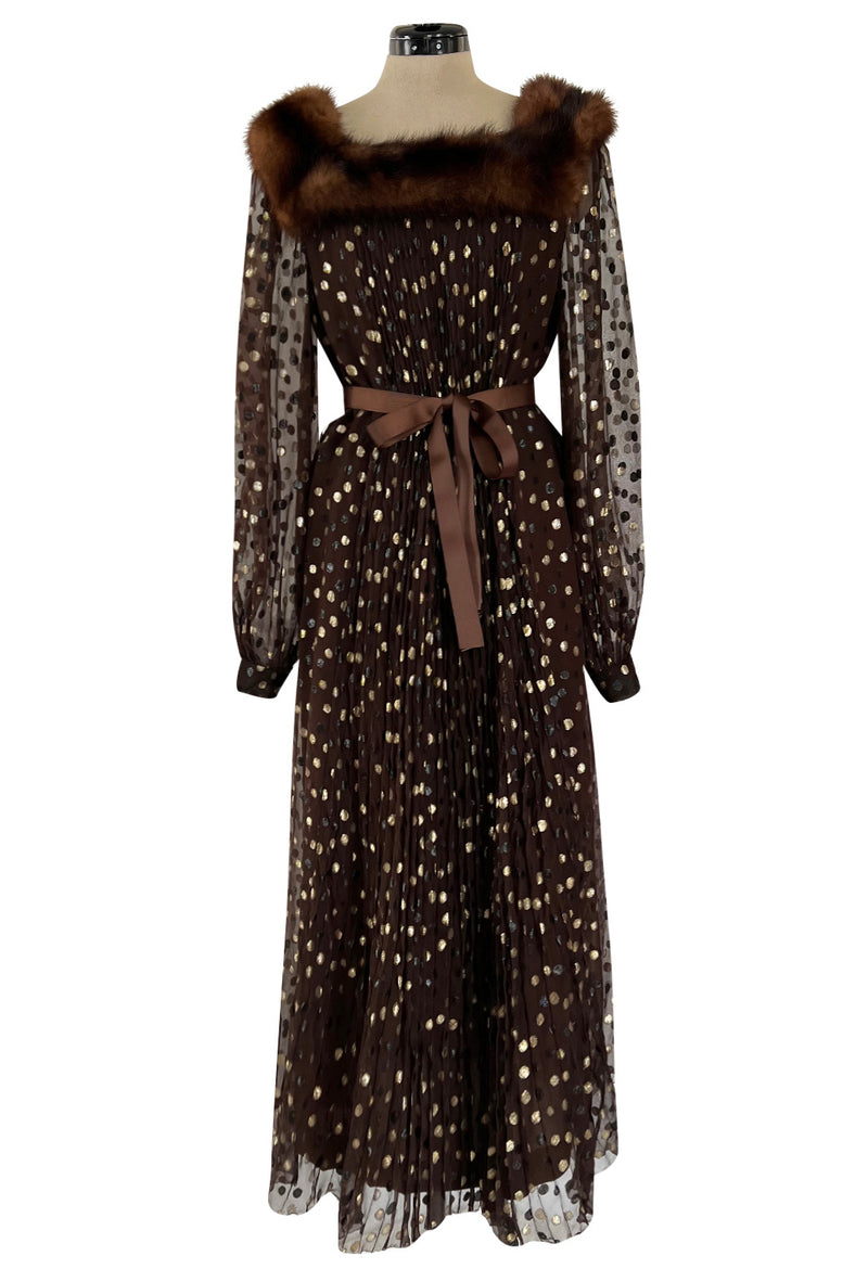1970s Givenchy by Hubert de Givenchy Haute Couture Gold Metallic Dot on Silk Chiffon Dress w Mink Trim