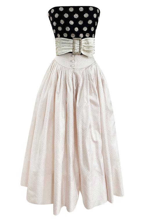 Spring 1983 Christian Dior by Marc Bohan Haute  Couture Black Sequin Bustier Top & Ivory Skirt Set