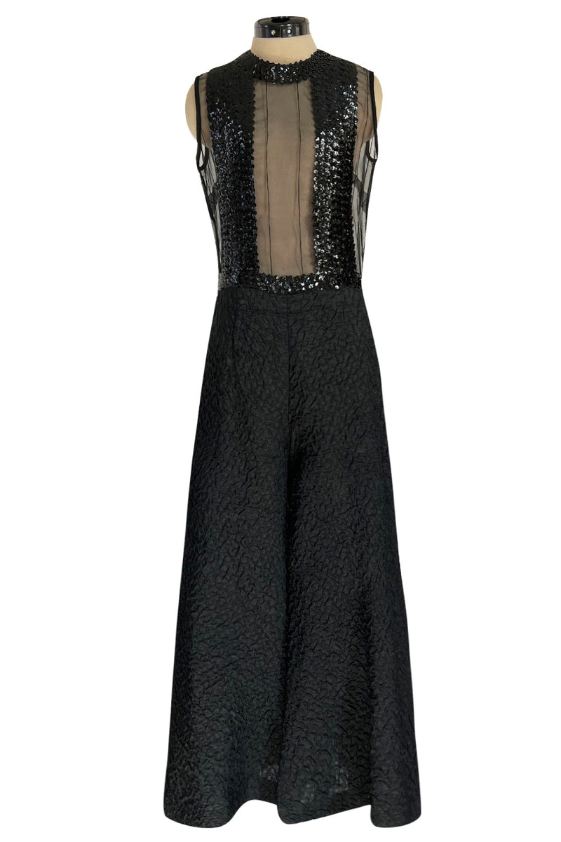 Amazing 1960s Jean Varon Sheer Sequin Bodice Jumpsuit w Wide Textured Pants