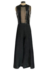 Amazing 1960s Jean Varon Sheer Sequin Bodice Jumpsuit w Wide Textured Pants