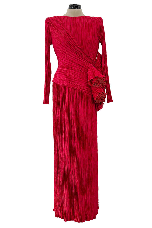 Runway Fall 1988 Mary McFadden Couture Red Pleated Dress w Gold Edged Ruffle Detailing