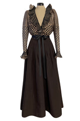 Incredible 1980s Unlabeled Haute Couture Silk Net & Brown Silk Taffeta Plunge Front Dress