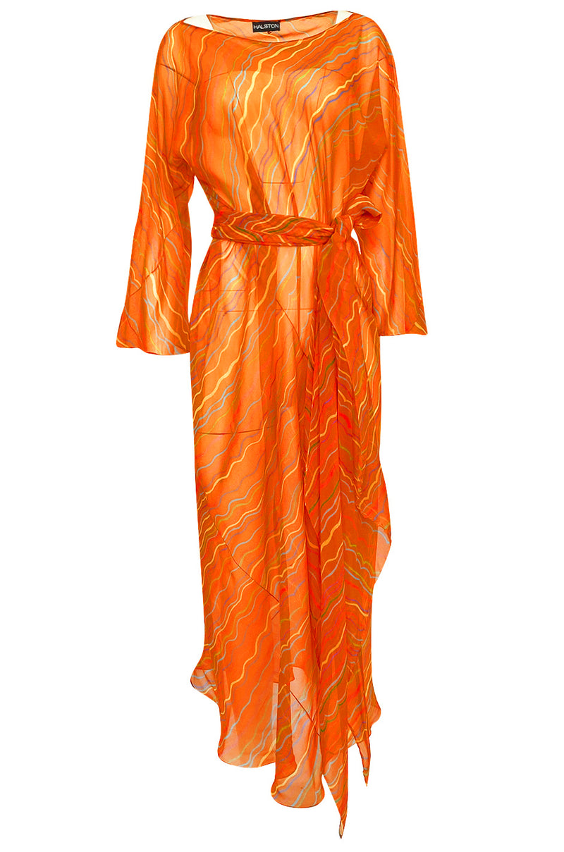 Spring 1973 Halston Bright Tangerine Striped Silk Chiffon Caftan w Sash