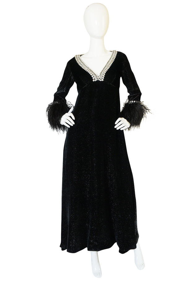 1960s Lame Velvet, Feather & Heavy Rhinestone Dress