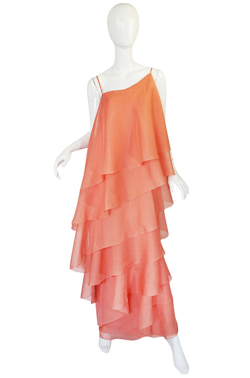1980-82 Peach Silk Organza Ruffled Halston Spiral Gown