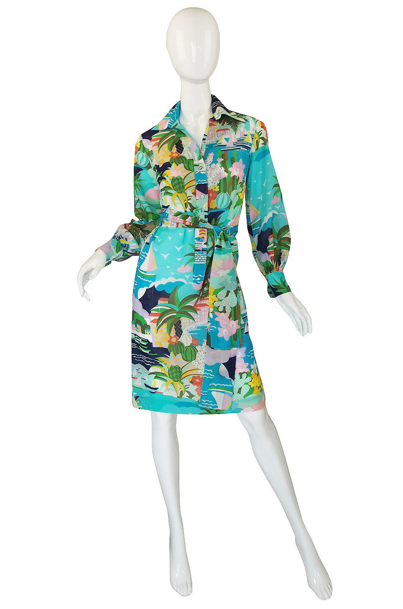 1970s Printed Blue Lanvin Seaside Dress