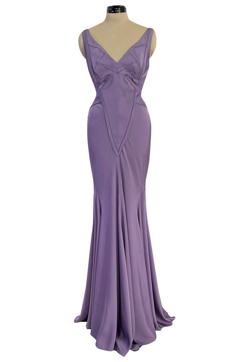 2014 Zac Posen Bias Cut Soft Purple Dress W Low V Back and Front & Exposed Edge Seaming