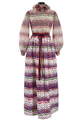1970s Mollie Parnis Balloon Sleeve Confetti Print Silk Twill & Silk Chiffon Dress w Ruffled Collar