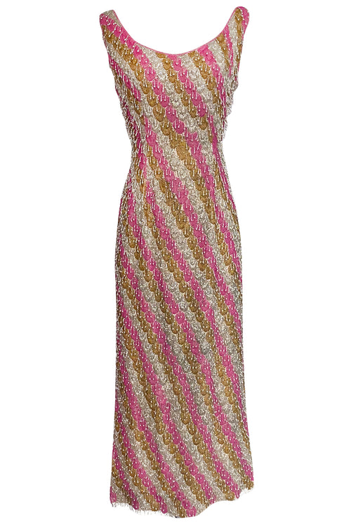 Spectacular 1950s Unlabeled Pink & Gold Glass Bead & Pearl Dress