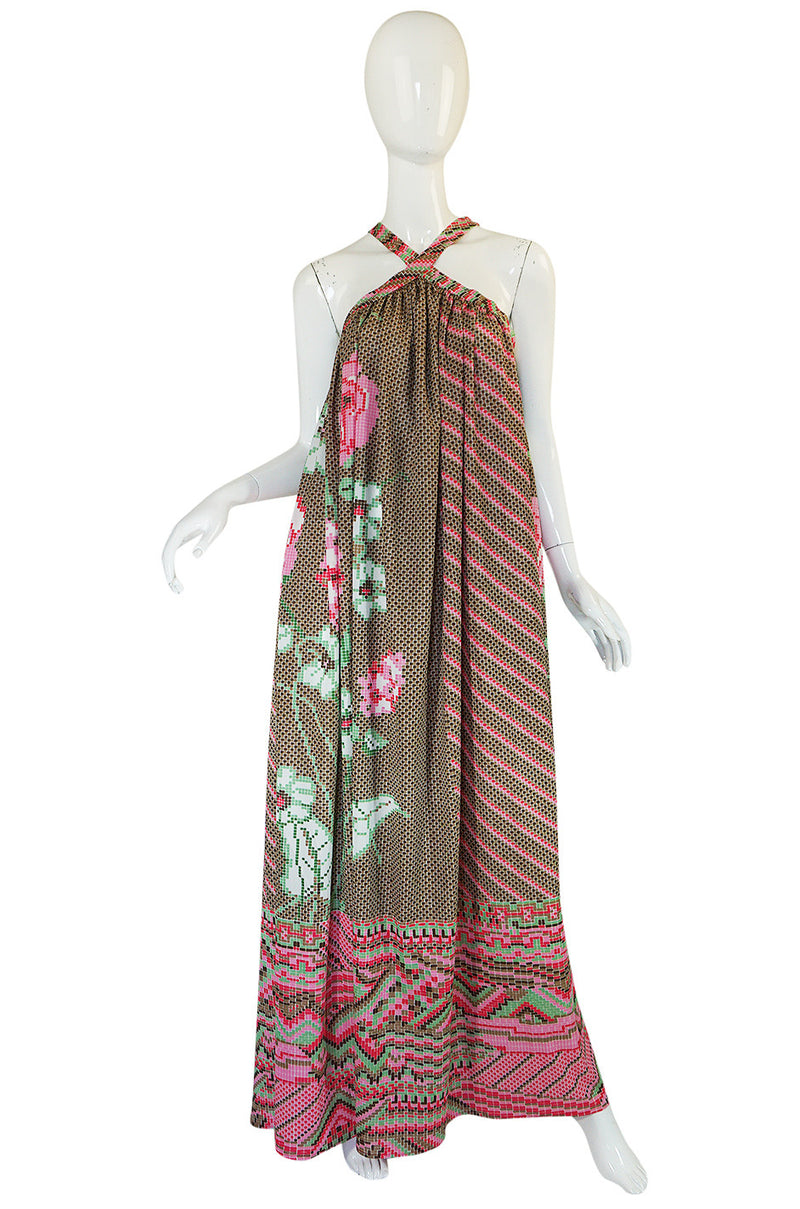 Rare 1970s Yuki Halter Caftan Digital Print Jersey Dress