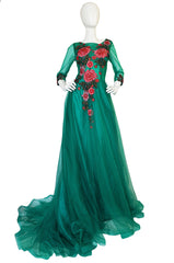 Vintage Trained Emerald Green Lace Tulle Gown w Floral Applique