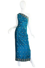 1950s One Shoulder Blue & Gold Silk Sari Dress & Jacket