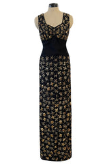 Incredible 1930s Black Moss Silk Crepe Dress Densely Covered w Rare Gelatin Sequins & Seed Beads