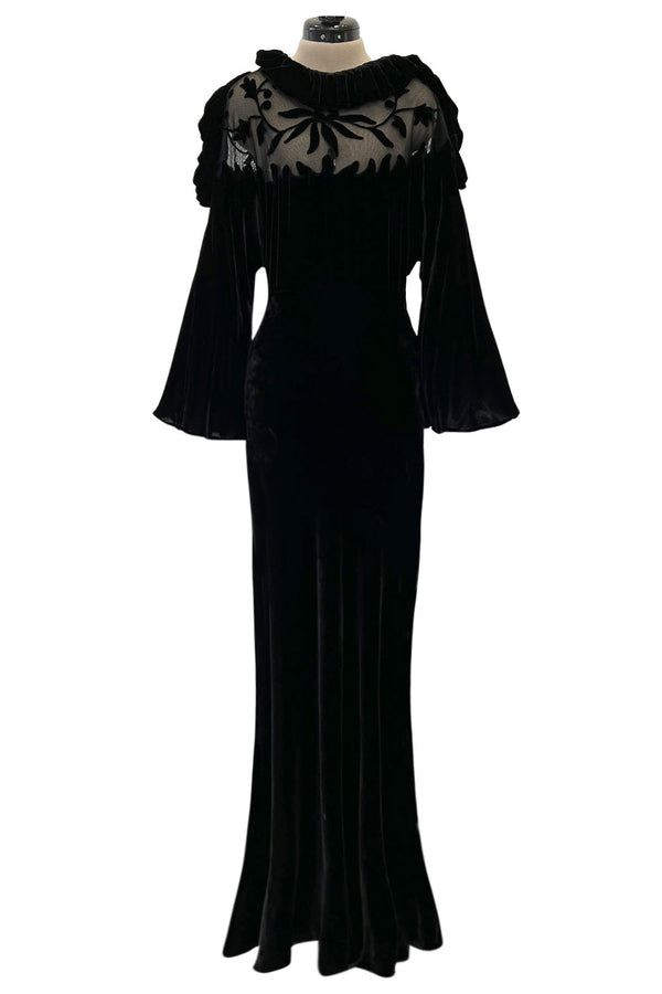 Gorgeous 1930s Bias Cut Silk Velvet Dress w Silk Mesh & Applique Detailing & Incredible Sleeves
