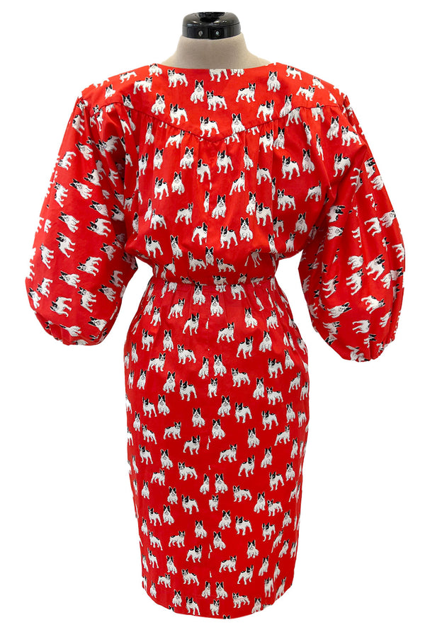 Iconic Spring 1987 Yves Saint Laurent Runway French Bulldog Printed Red Dress