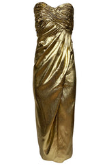 1970s Robert David Morton Gold Lame Strapless Gathered Bodice Dress