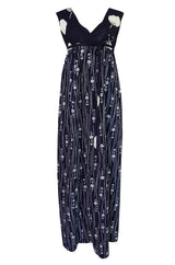 Spring 1977 Hanae Mori Fan & Flower Print Blue Yukata Cotton Dress