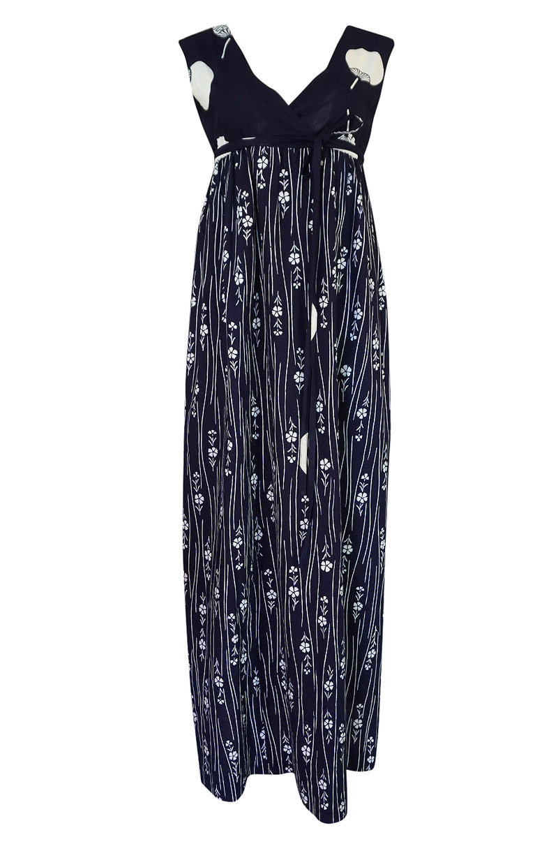 Spring 1977 Hanae Mori Fan & Flower Print Blue Yukata Cotton Dress