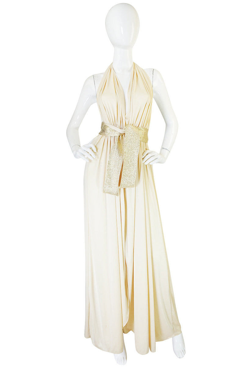 1980 Bill Tice Plunge Cream & Gold Backless Dress