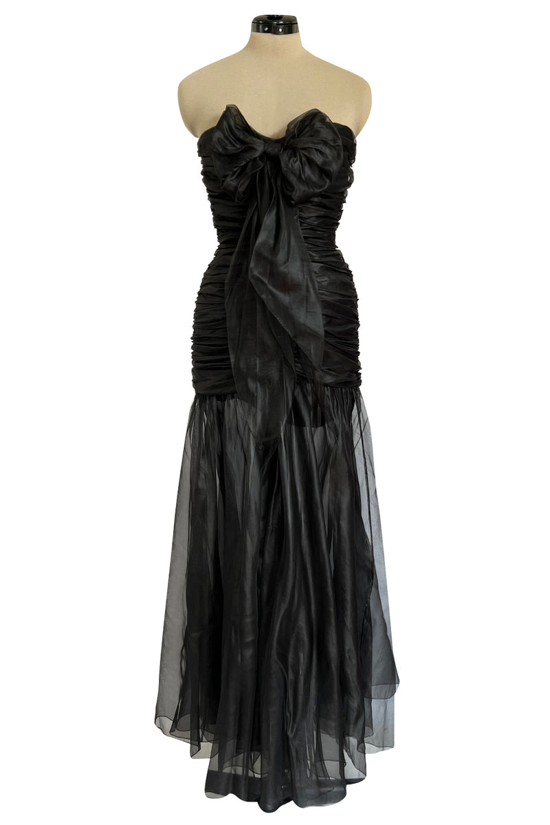Fabulous 1980s Chloe Black Silk Organza Strapless Dress W Large Bow Detailing
