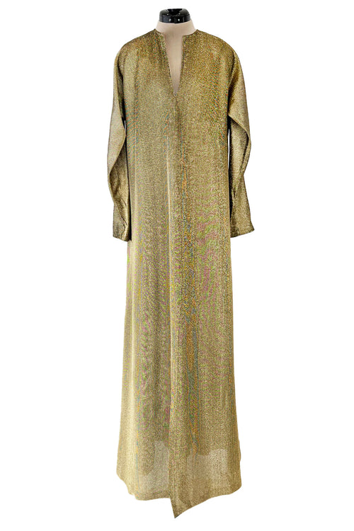 Fantastic 1970s Halston Metallic Gold Lame Lurex Full Length Caftan Dress w Notched Neckline