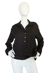 Gorgeous 1970s Print Chloe Black Silk Cuffed Top