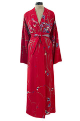 Gorgeous 1970s Hanae Mori Red Silk Kimono Caftan Dress w Sash & Beautiful Butterfly Print