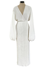 Incredible Spring 1978 Halston Plunged & Pleated White Wrap Silk Chiffon Runway Dress