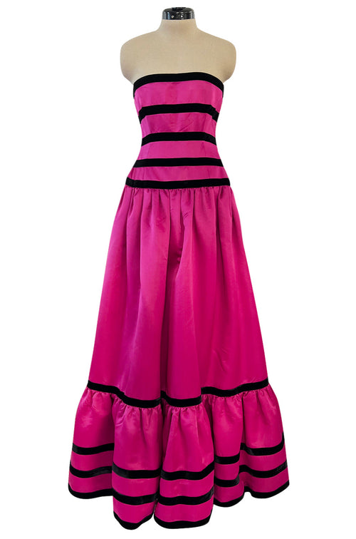 Prettiest Fall 1980 Oscar de la Renta Strapless Pink Silk Matte Satin Dress w Velvet Bows