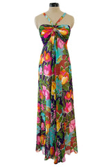 1960s Fred Perlberg Prettiest Bright Tulip Print Chiffon Gathered Front Halter Dress