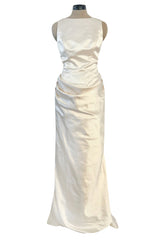 2000s Oleg Cassini Couture Ivory Silk Satin Wedding Dress w Open Beaded Sides & Train