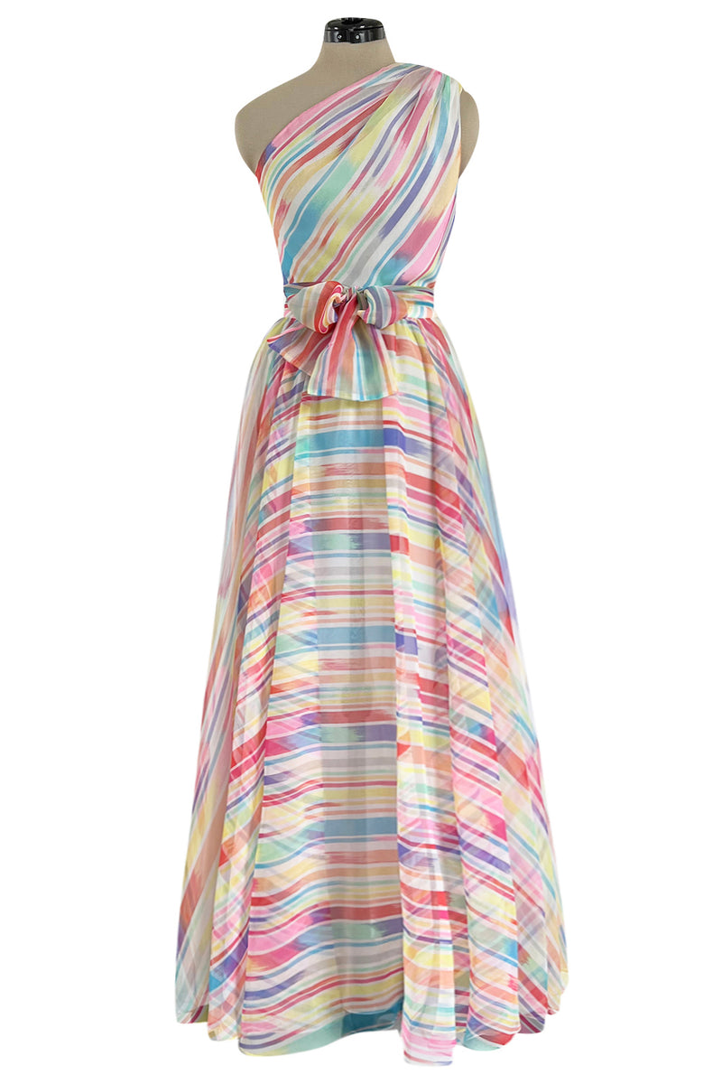 Spectacular 1970s Oscar de la Renta One Shoulder Lightweight Chiffon Rainbow Stripe Dress