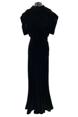 Stunning 1930s Black Silk Velvet Bias Cut Dress w Top Stitched Sleeves & Silver Glitter Buttons