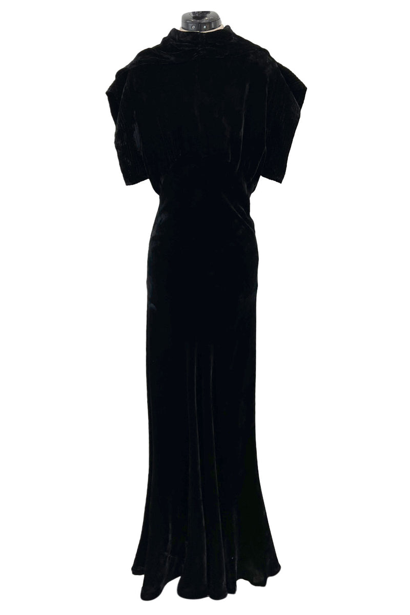 Stunning 1930s Black Silk Velvet Bias Cut Dress w Top Stitched Sleeves & Silver Glitter Buttons