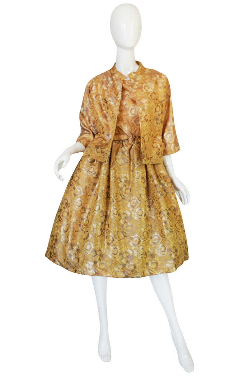 Rare 1950s Gustave Tassel Golden Silk Dress & Jacket