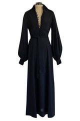 c.1969 Ossie Clark Black Moss Crepe Dress w Bishop Sleeves, Button Front & Dog Ear Collar