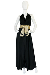 1980 Bill Tice Plunge Black & Gold Backless Halter Dress