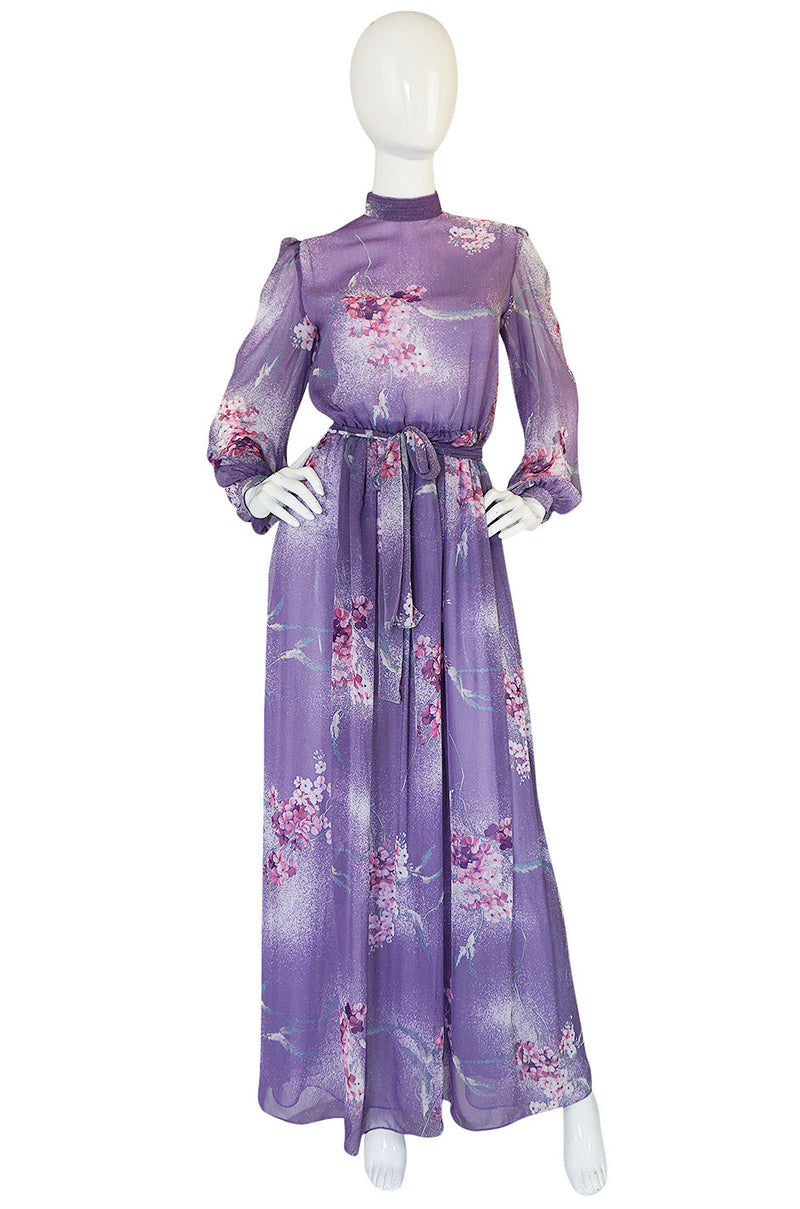 1970s Hanae Mori Romantic Pale Purple Print Chiffon Dress