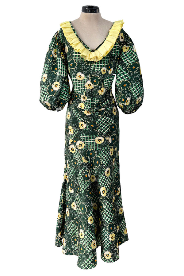 Prettiest 1930s Green Floral Print Bias Cut Silk Crepe w Yellow Collar & Original Belt