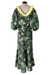 Prettiest 1930s Green Floral Print Bias Cut Silk Crepe w Yellow Collar & Original Belt
