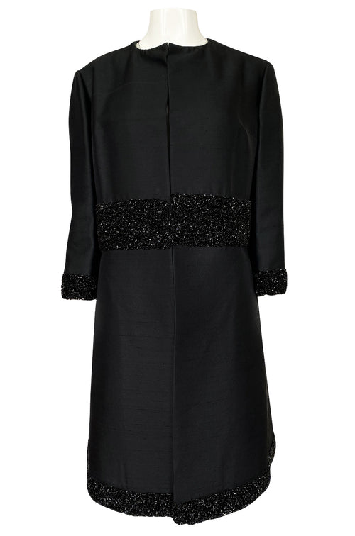 1950s Black Silk Evening Coat w Heavy Beading at the Hem, Cuffs & Waist