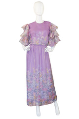 1980s Ruffle Sleeve Floral & Gold Hanae Mori Dress