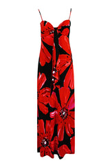 1978 Halston Resort Swimwear Red Floral Jersey Halter Dress