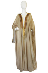 1970s Sand Color Caftan w Gold Thread Embroidered Trim