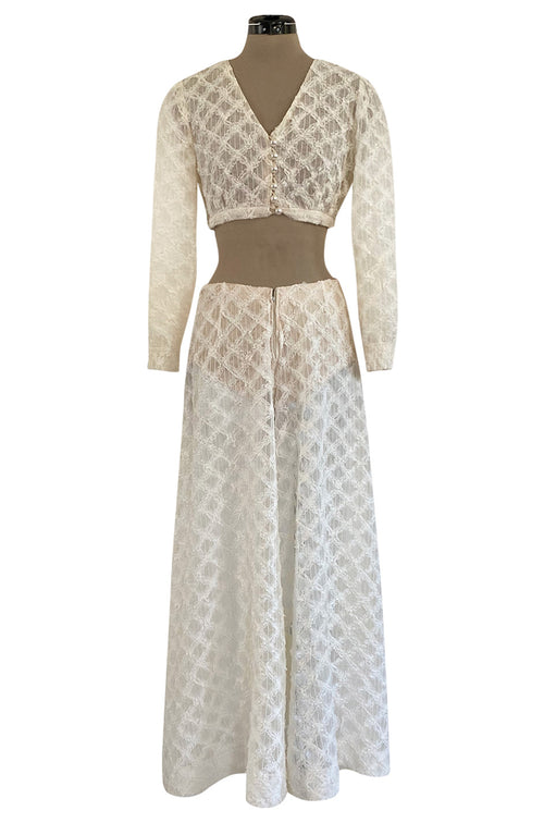 1960s Saks Fifth Avenue Ivory Lace Wide Legged Crop Pant & Matching Crop Top