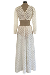 1960s Saks Fifth Avenue Ivory Lace Wide Legged Crop Pant & Matching Crop Top