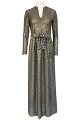1970s Mollie Parnis Silver Sequin & Knit Lame Jersey Dress w Belt