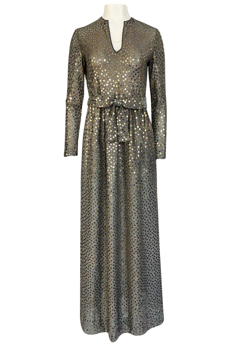 1970s Mollie Parnis Silver Sequin & Knit Lame Jersey Dress w Belt